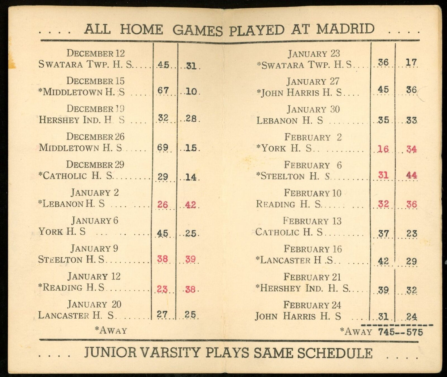 1939-40 William Penn High School Basketball 3x5 Pocket Schedule Harrisburg, PA