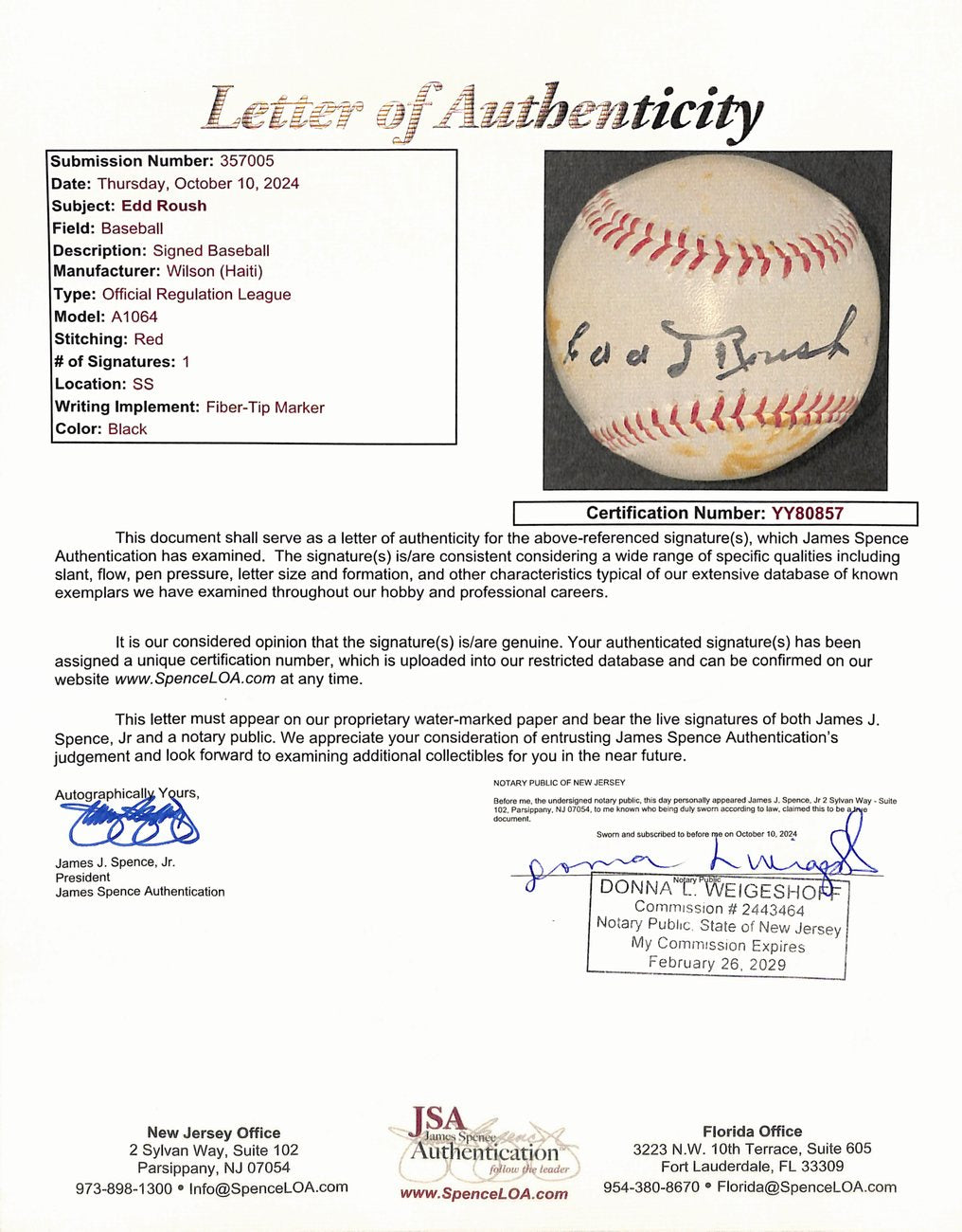 Edd Roush HOF Signed/Autographed Wilson Official Size Baseball Reds JSA 191761