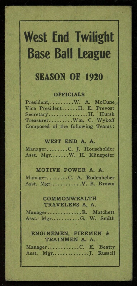 Doutrichs 1920 West End Twilight Base Ball League 2.5x5 Pocket Schedule