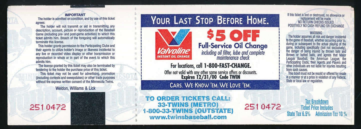 Cal Ripken 3000th Hit April 15, 2000 Full Ticket Twins vs. Orioles 188496