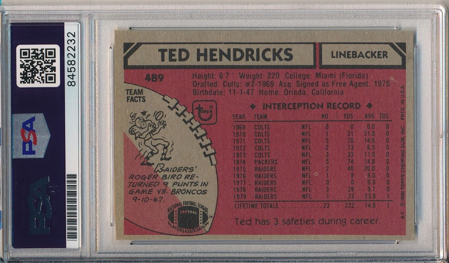 Ted Hendricks HOF Signed/Auto 1980 TOPPS Card #489 Oakland Raiders PSA/DNA