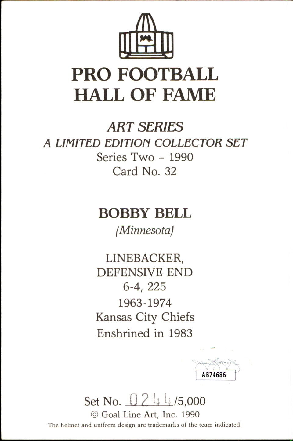 Bobby Bell HOF Autographed Goal Line Art GLAC Postcard Kansas City Chiefs JSA