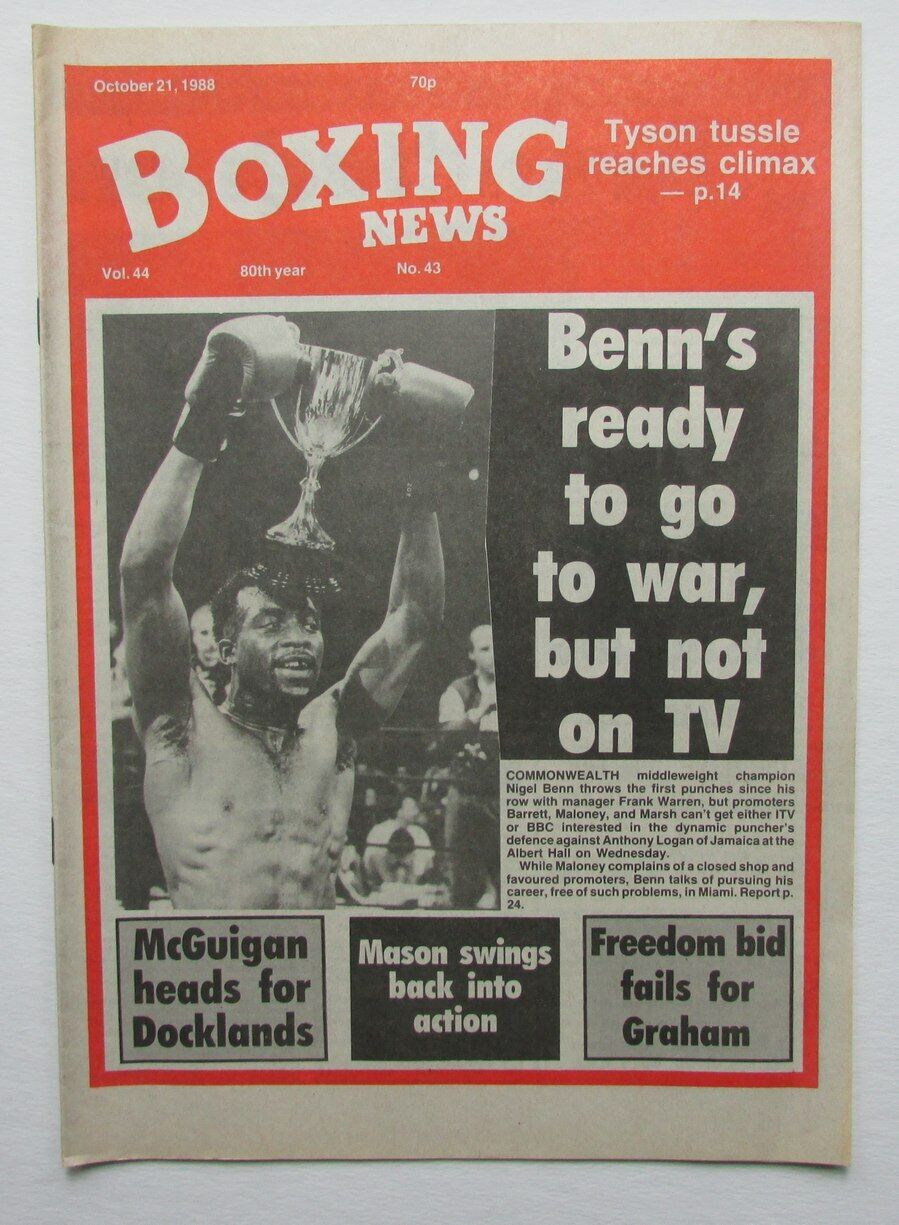 October 21, 1988 Boxing News Magazine Nigel Benn Middleweight Champion