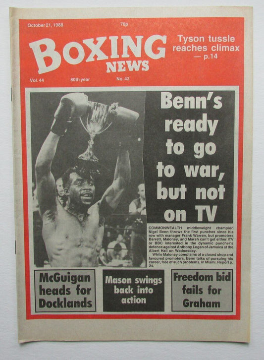 October 21, 1988 Boxing News Magazine Nigel Benn Middleweight Champion