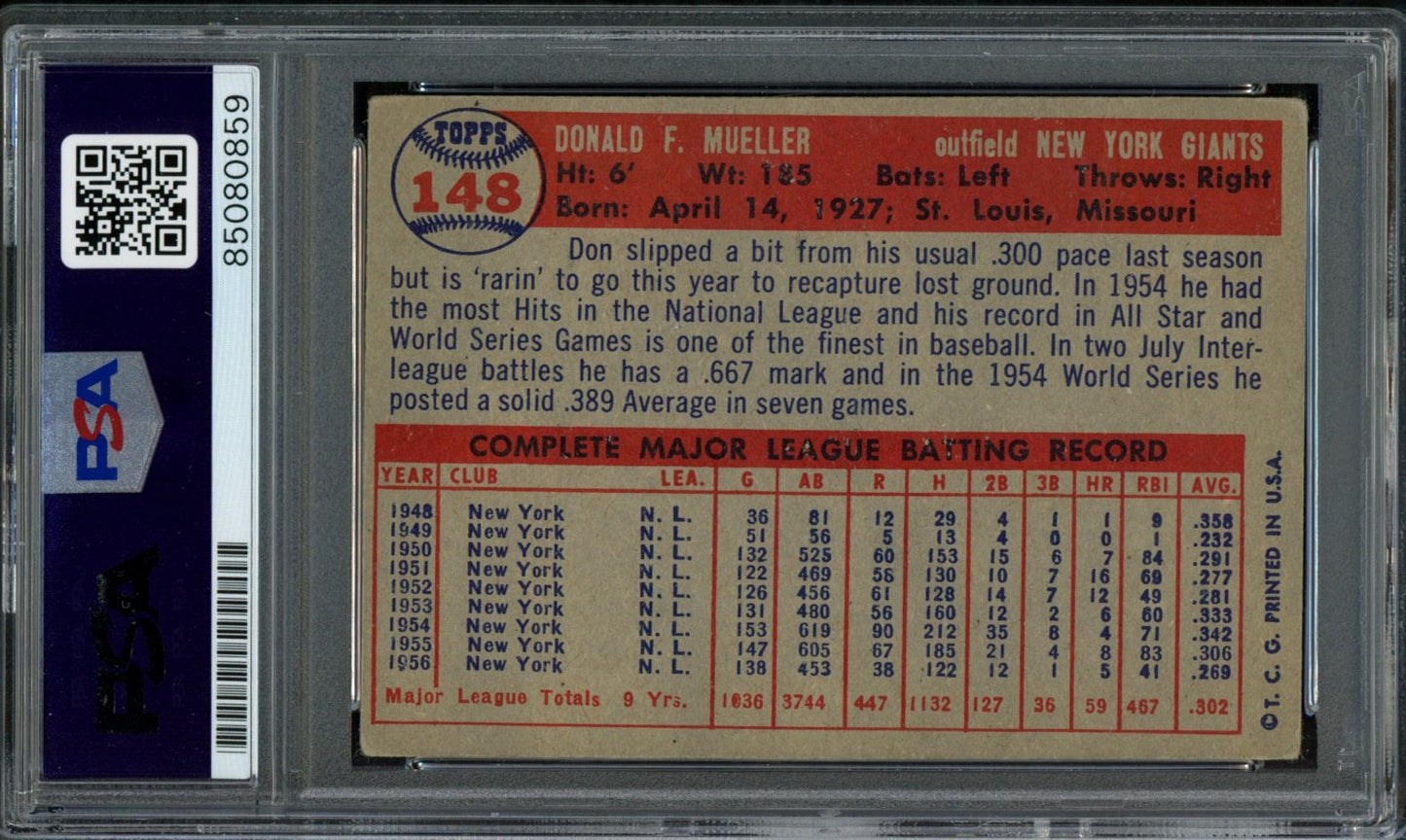 Don Mueller Signed 1957 Topps Card #148 New York Giants PSA/DNA 184141