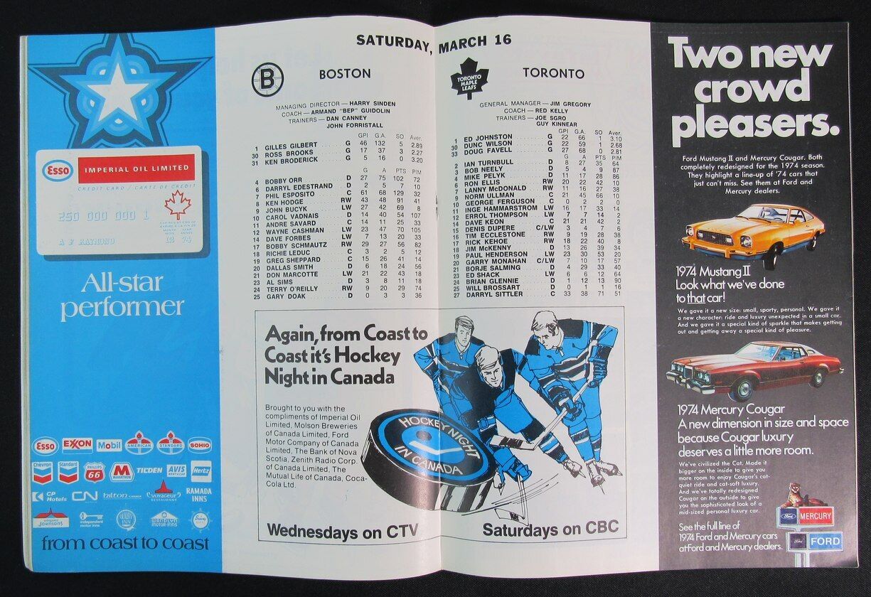 1974 Hockey Magazine Boston Bruins vs. Toronto Maple Leafs Official Program