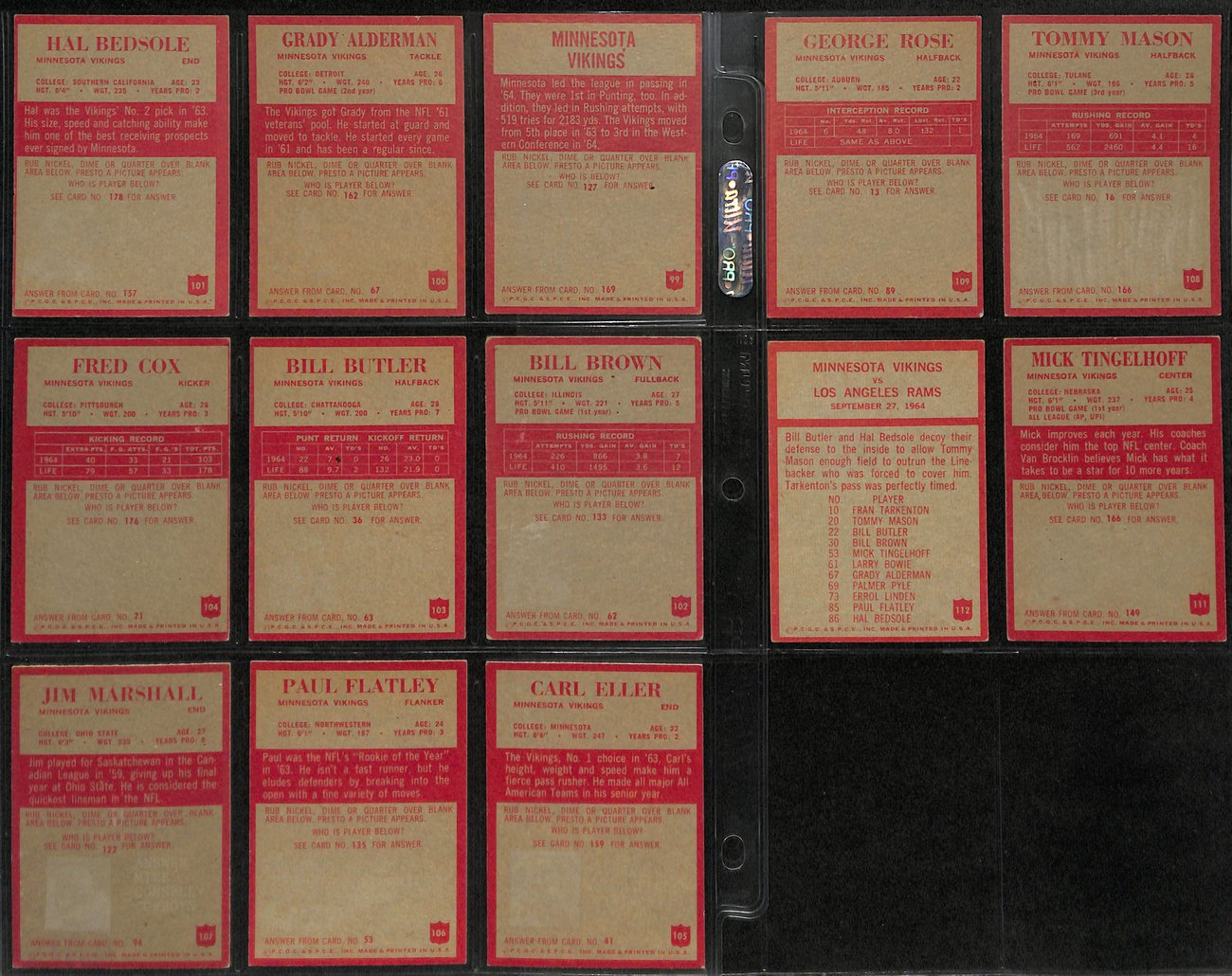 1965 Philadelphia Football Vikings Team Set (13/14) Cards Carl Eller RC 189255