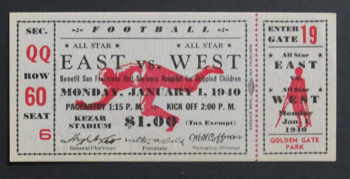 1940 East vs. West All Star College Football Game Full Ticket