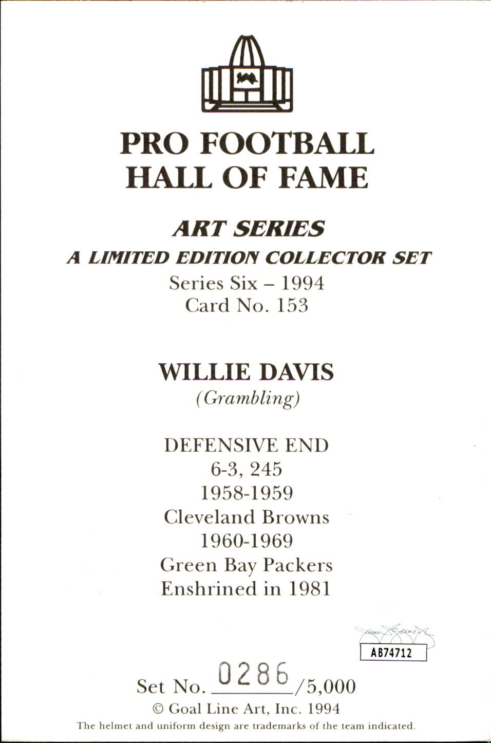 Willie Davis HOF Autographed Goal Line Art GLAC Postcard Green Bay Packers JSA