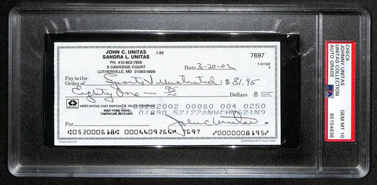 Johnny Unitas Signed 3/20/02 Check PSA/DNA GEM MT 10 188650