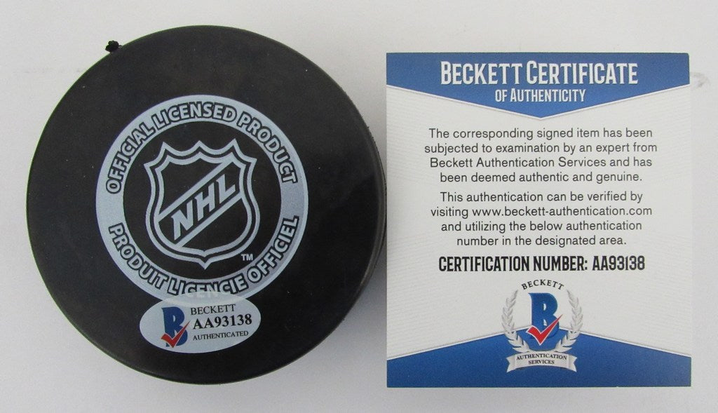 Bronco Horvath Autographed/Inscribed Toronto Maple Leafs Hockey Puck Beckett