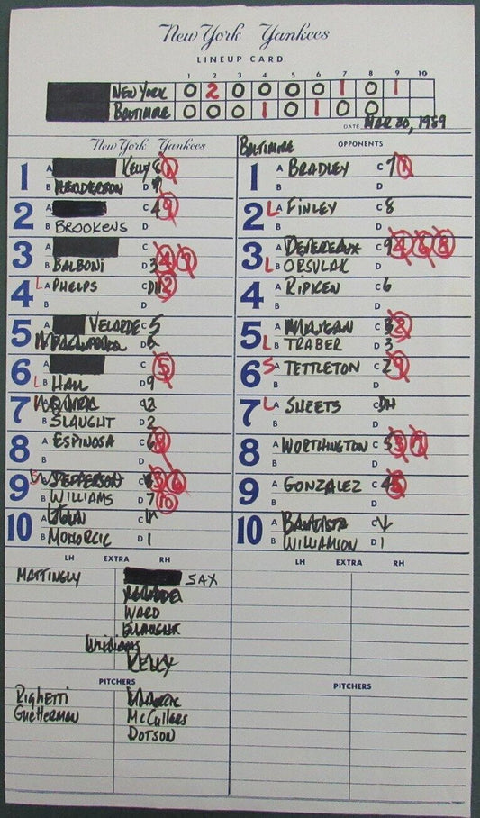 1989 New York Yankees Spring Training 9x15 Lineup Card vs.Orioles Ripken 150884