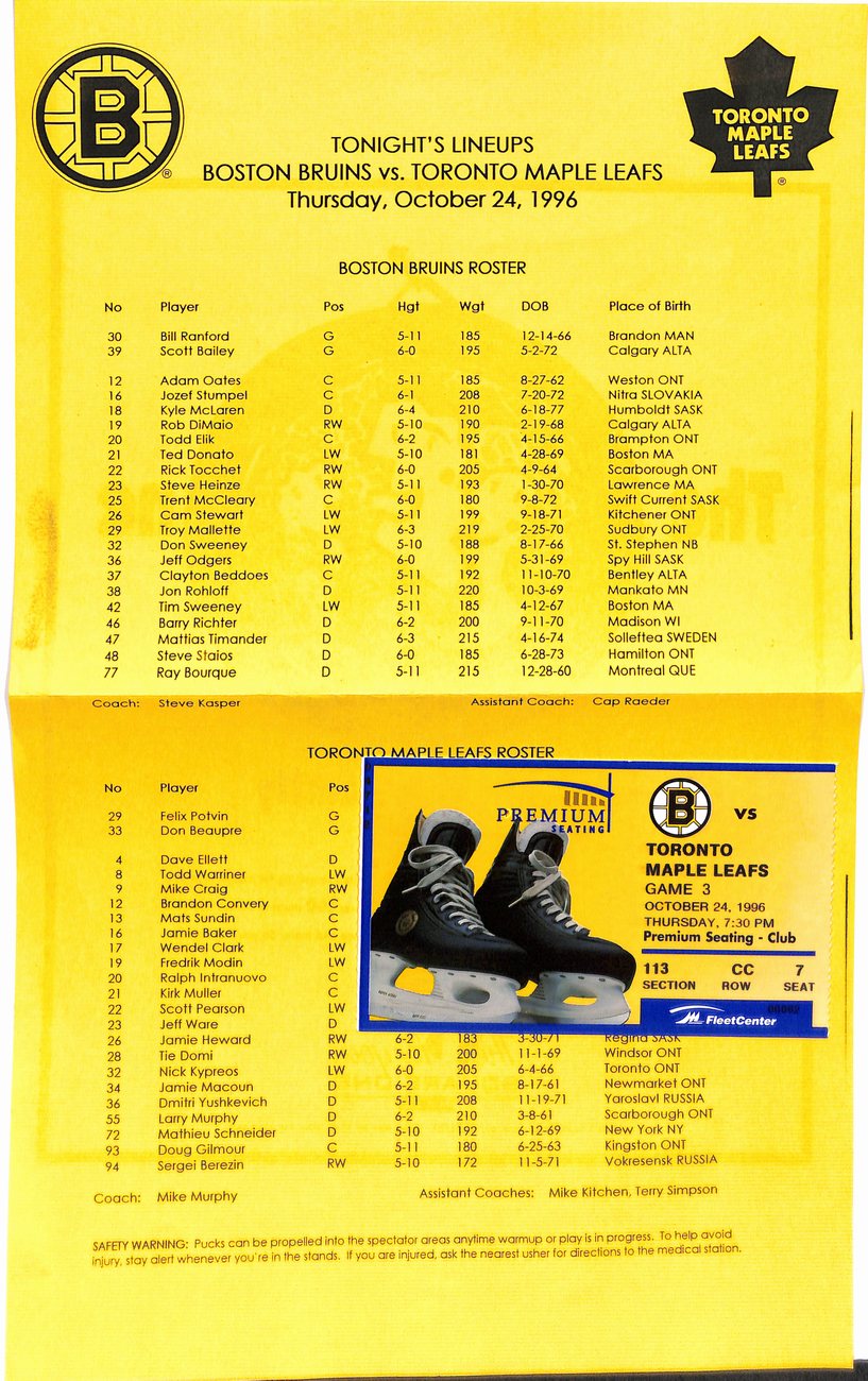 October 24th, 1996 Boston Bruins vs. Toronto Game Program + Ticket Stub 181772