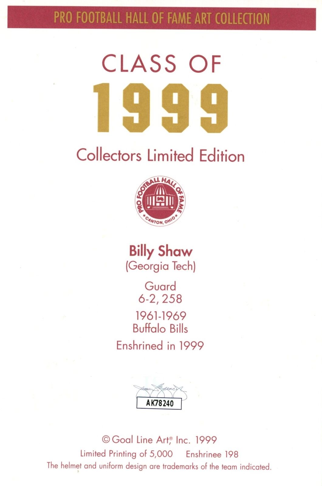 Billy Shaw HOF Autographed/Inscr Goal Line Art GLAC Postcard Bills JSA 181000