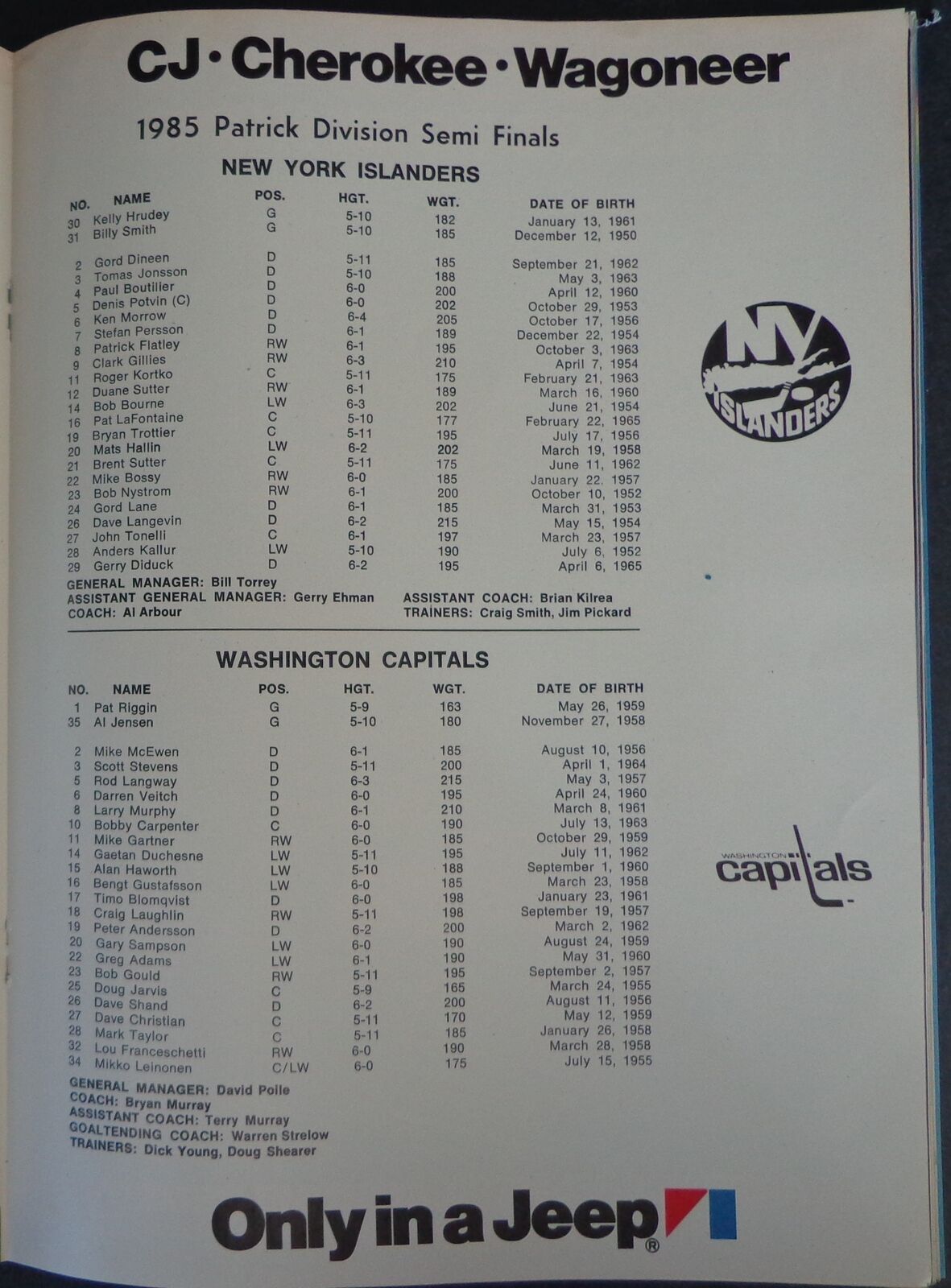 1985 GOAL NHL Program Boston Bruins vs. Washington Capitals 178075