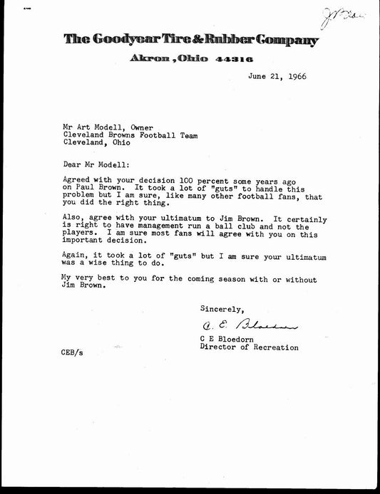 June 21, 1966 Letter to Art Modell from Goodyear  after Jim Brown retired 145010