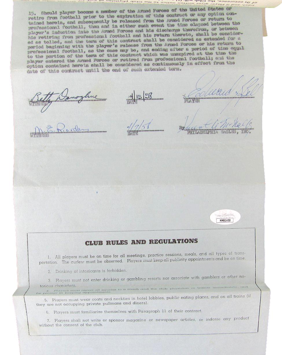 Bert Bell Philadelphia Eagles Signed/Autographed 1958 Contract JSA 160875