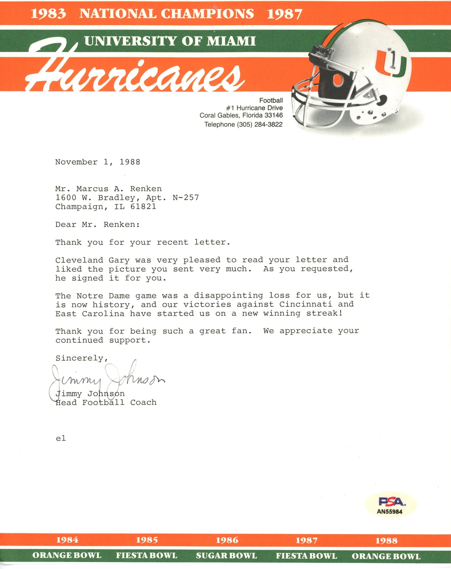 Jimmy Johnson HOF Signed/Auto TLS Miami Dolphins PSA/DNA 188121