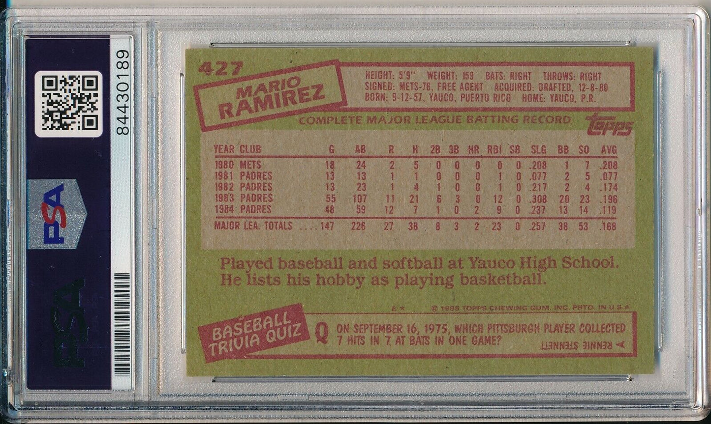 Mario Ramirez San Diego Padres Signed/Auto 1985 TOPPS Card #427 PSA/DNA 164176
