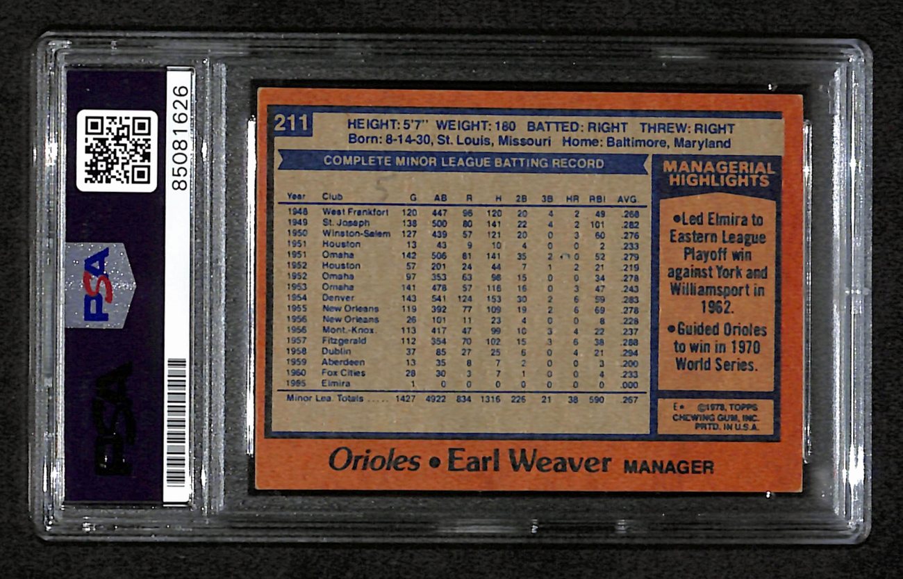 Earl Weaver HOF Signed 1978 Topps Card #211 Oakland A's PSA/DNA 184576