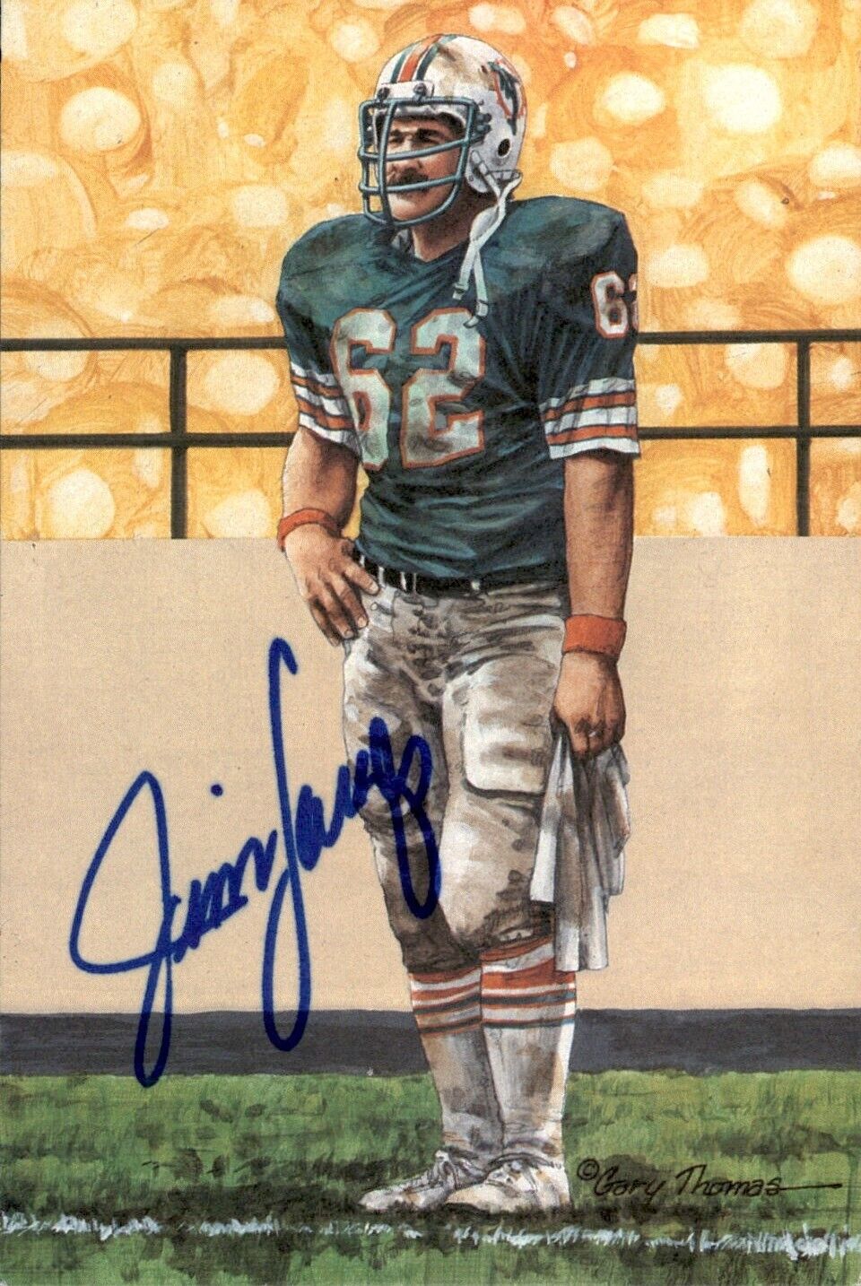 Jim Langer HOF Autographed Goal Line Art GLAC Postcard Miami Dolphins JSA