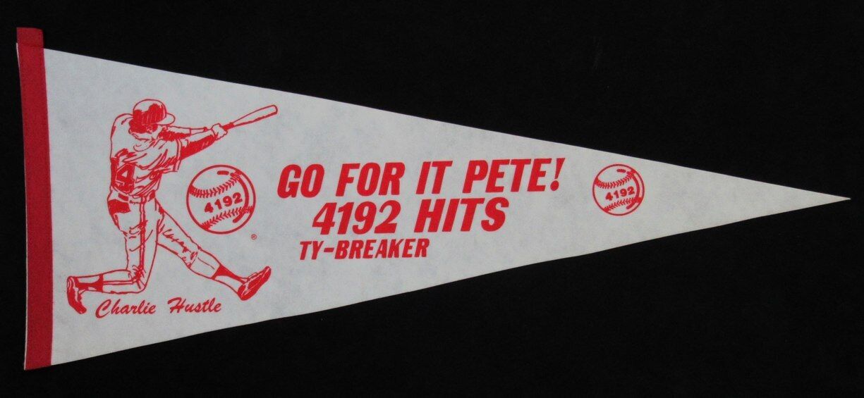 Vintage 1985 Reds "Charlie Hustle" Pete Rose Baseball 29x12 Felt Pennant