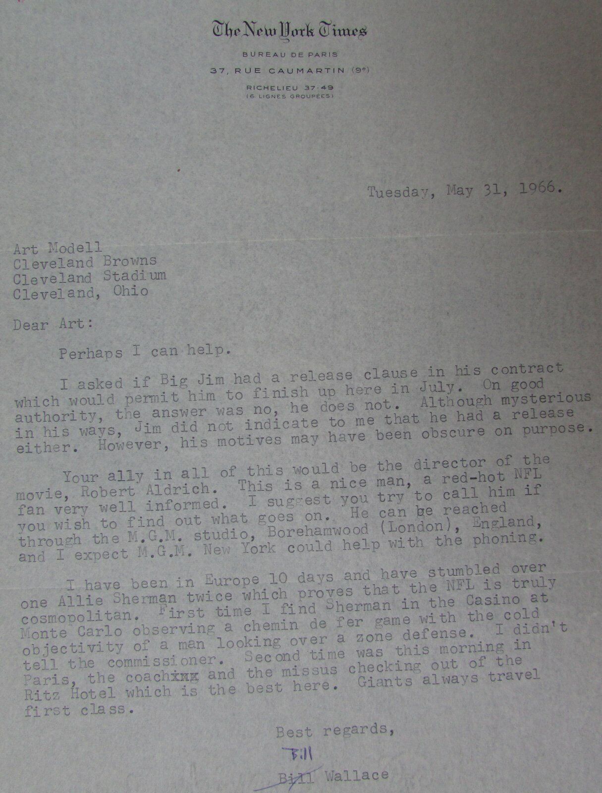 May 31, 1966 Letter to Art Modell from MGM Studios about Jim Brown  145102