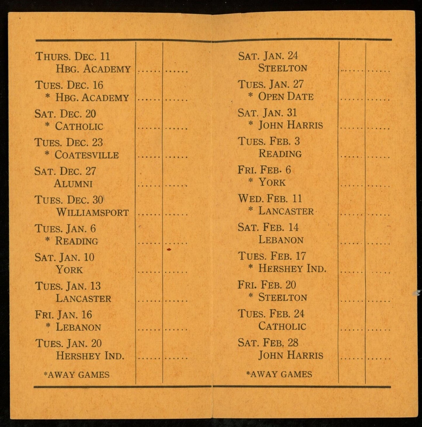 1941-42 William Penn High School Basketball 3x5 Pocket Schedule Harrisburg, PA