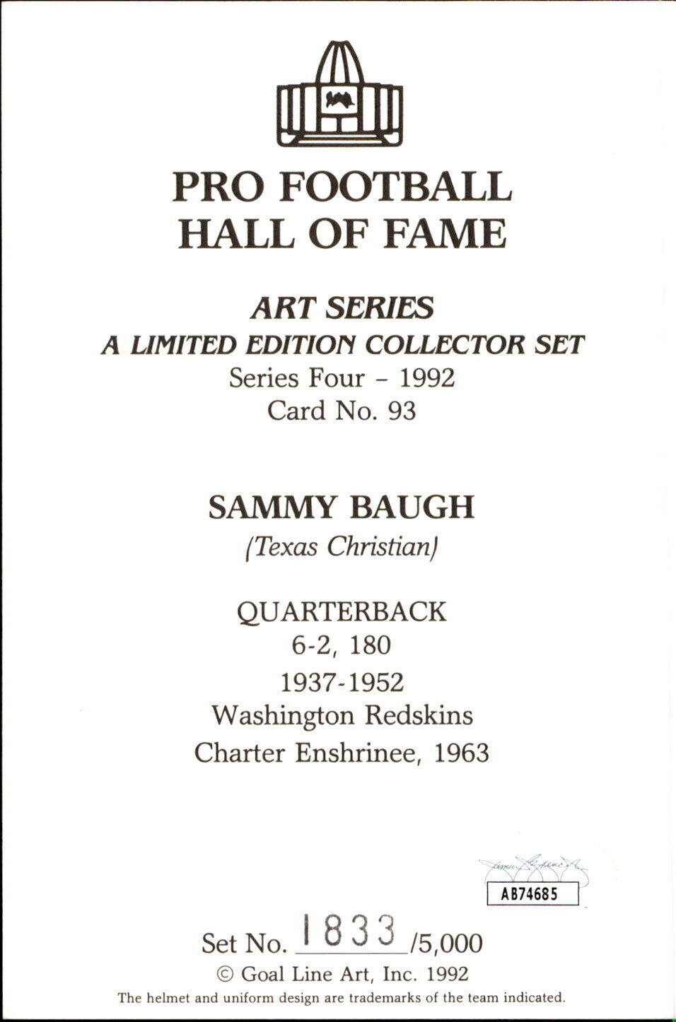 Sammy Baugh HOF  Autographed Goal Line Art GLAC Postcard Washington Redskins JSA