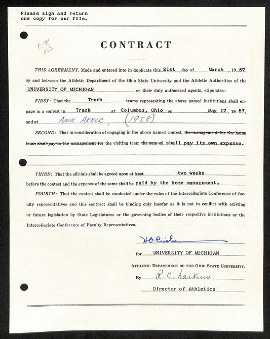 Fritz Crisler CFB HOF Signed 1957 Contract University of Michigan JSA 185592