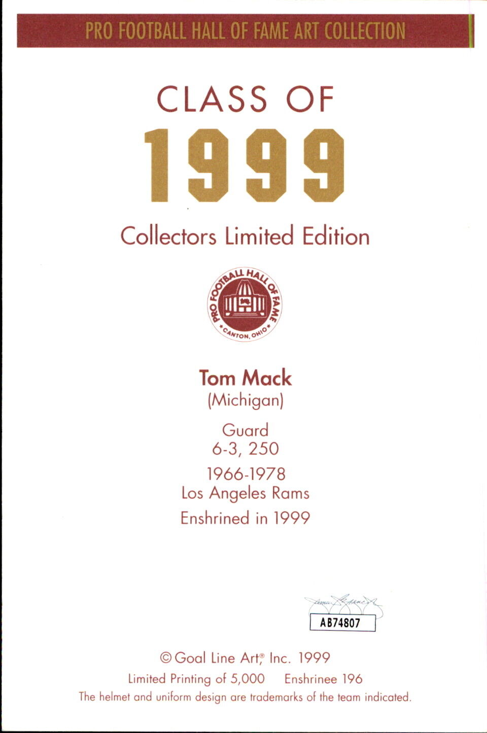 Tom Mack HOF Autographed/Inscr Goal Line Art GLAC Postcard Los Angeles Rams JSA