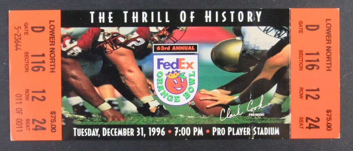 1996 Orange Bowl Full Ticket Nebraska Cornhuskers vs. Virginia Tech Hokies