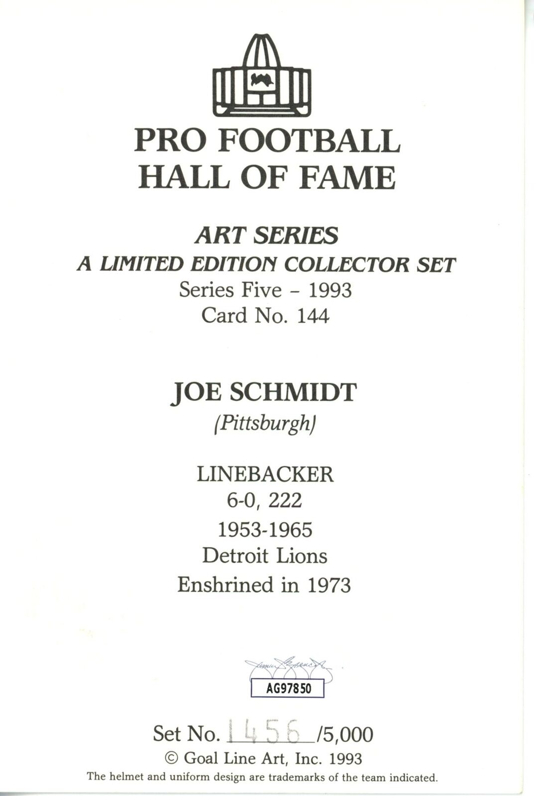 Joe Schmidt HOF Autographed Goal Line Art GLAC Postcard Detroit Lions JSA