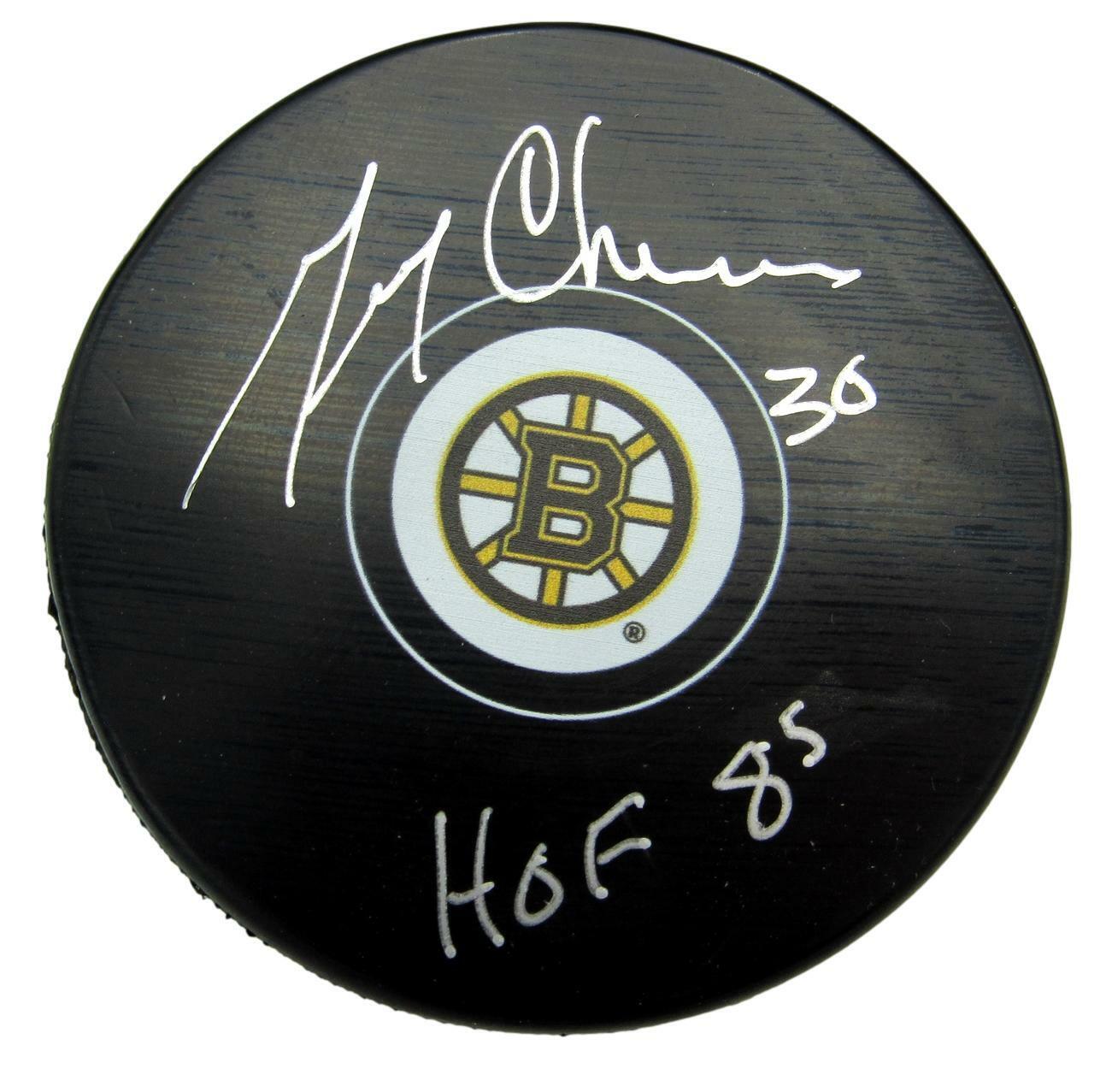 Gerry Cheevers Signed/Inscribed "HOF 85" Boston Bruins Hockey Puck JSA 157551