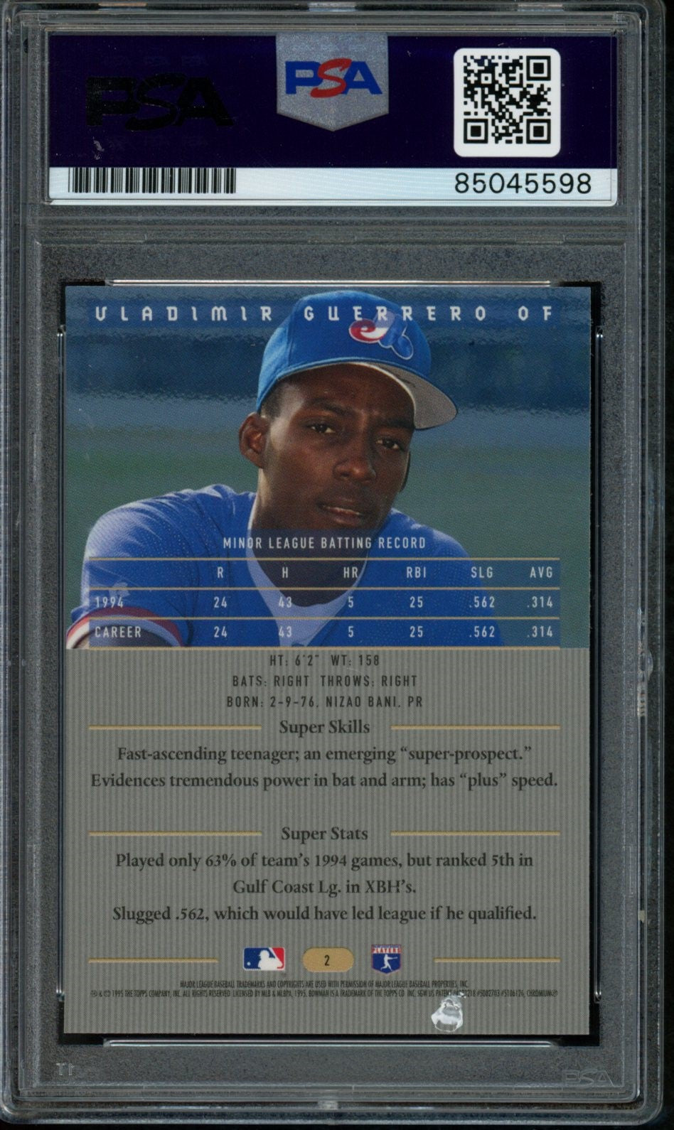 Vladimir Guerrero Montreal Expos Signed 1995 Bowman's Best Rookie #2 PSA/DNA