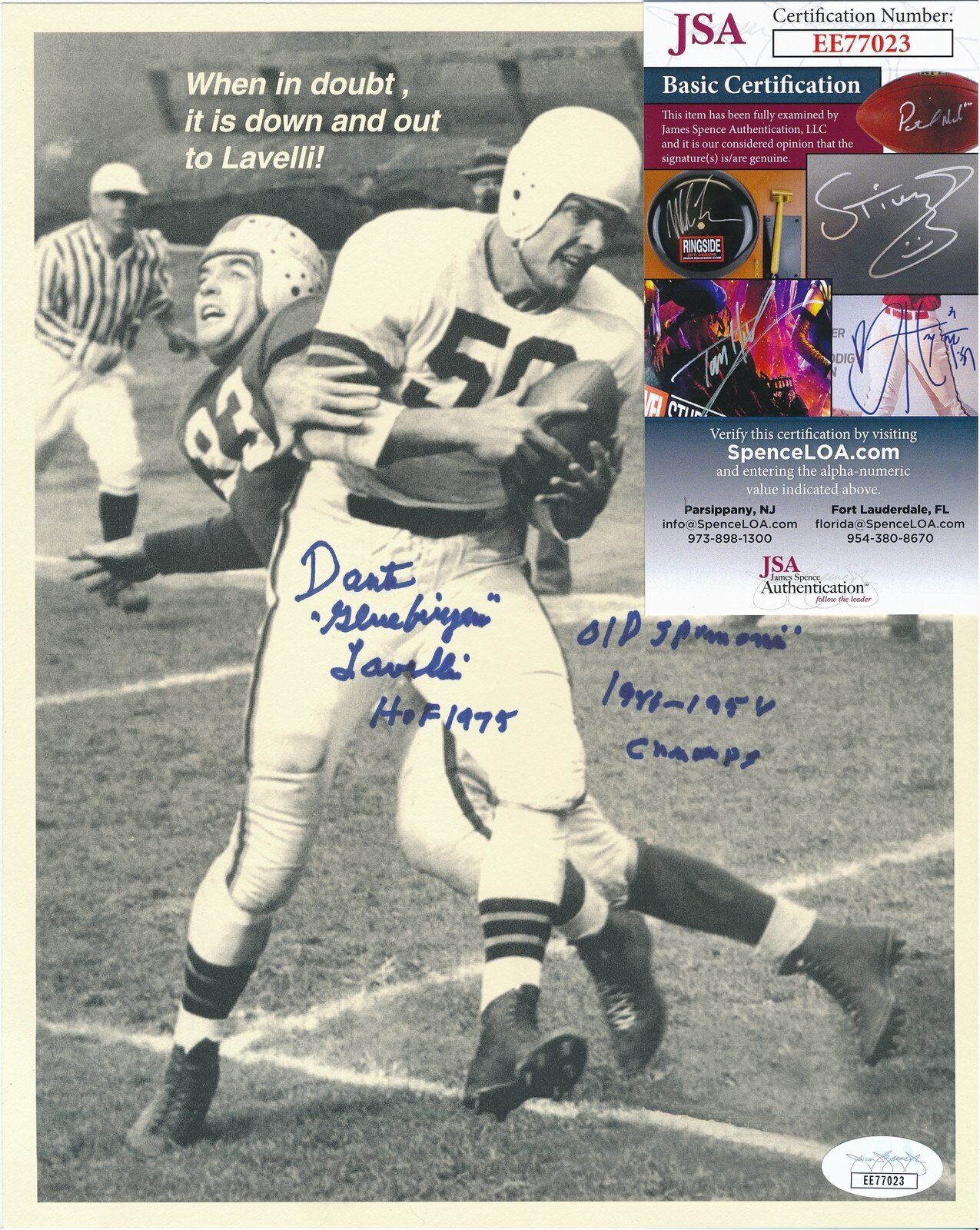 Dante Glue Fingers Lavelli Browns HOF Signed/Inscribed 8x10 B/W Photo JSA 144800