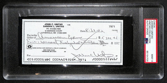 Johnny Unitas Signed 8/13/02 Check PSA/DNA MINT 9 188674