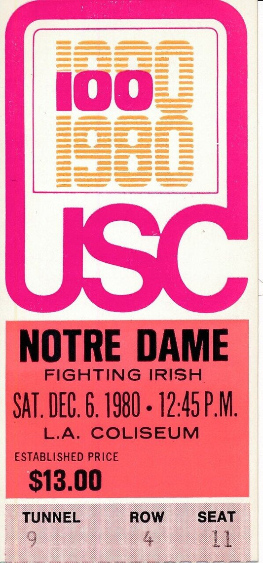 1980 USC Trojans vs. Notre Dame Football Ticket Stub Dan Devine Last Game 148481