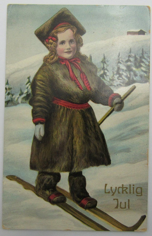 Christmas Children 1913 A Girl in a Coat and Skis Fredrik Peterson Postcard