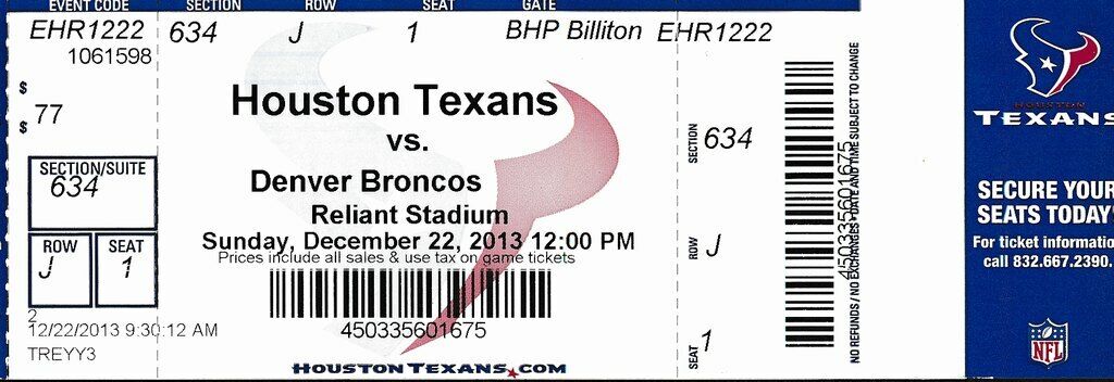 2013 UNUSED Ticket Texans. Broncos PEYTON MANNING Single Season TD Record 142736