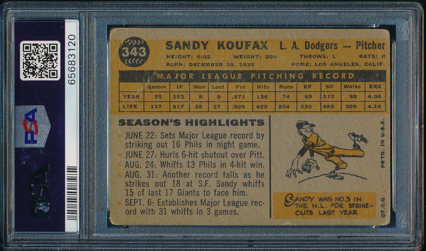 1960 Topps #343 Sandy Koufax autographed card (PSA/DNA 9 MINT autograph) 190009