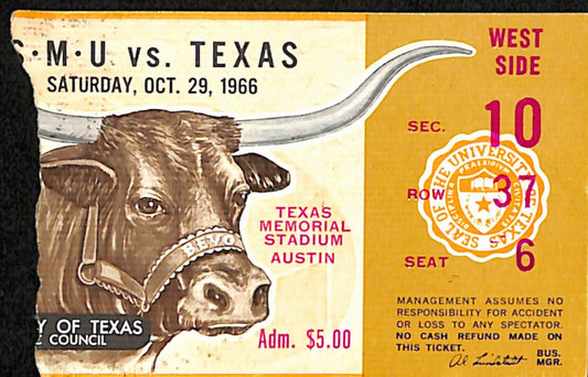 Texas Longhorns Football Ticket Stub VS SMU 10/29/1966 187575