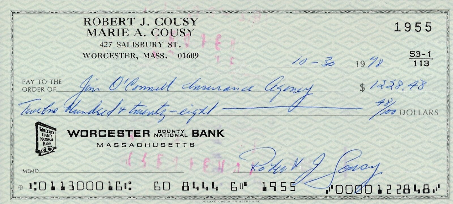 Bob Cousy HOF Boston Celtics Signed/Autographed 1978 Bank Check JSA 165560