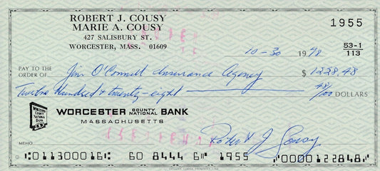 Bob Cousy HOF Boston Celtics Signed/Autographed 1978 Bank Check JSA 165560