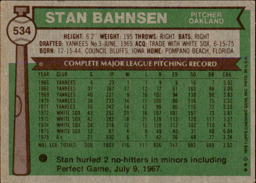 Stan Bahnsen Autographed 1976 TOPPS Card #534 Oakland A's 183431