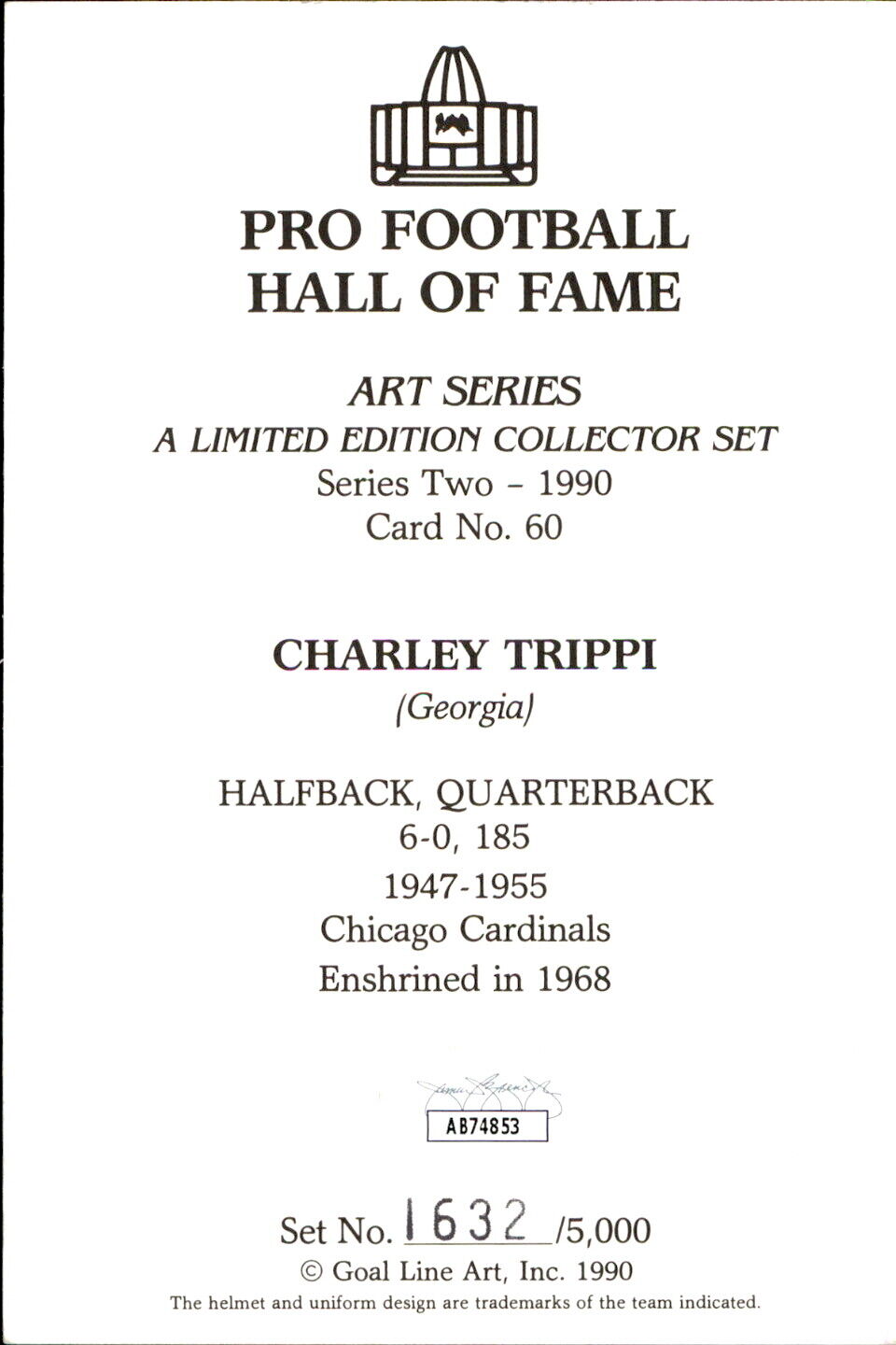 Charley Trippi HOF Autographed Goal Line Art GLAC Postcard Chicago Cardinals JSA