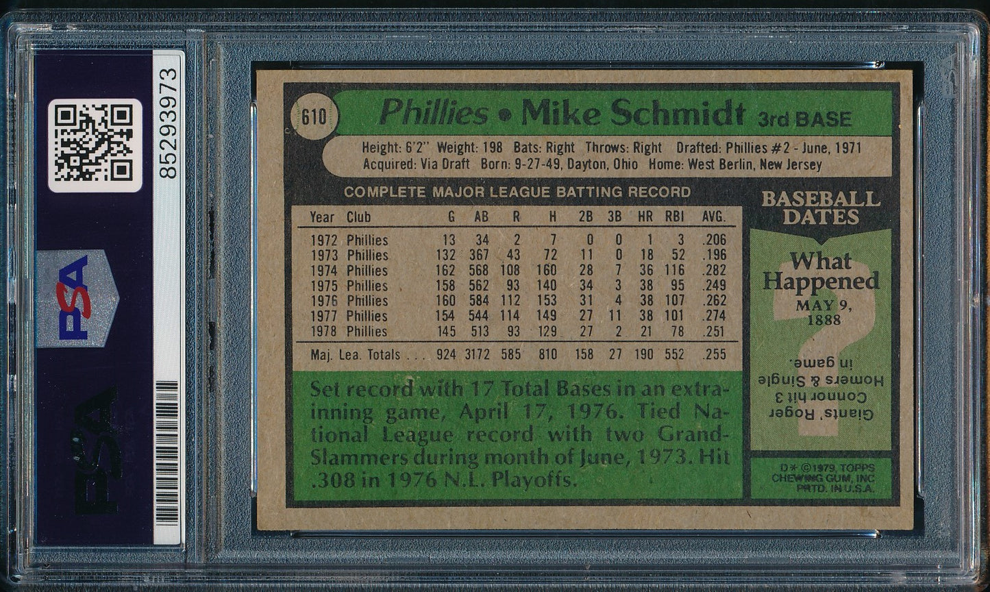 1979 Topps Mike Schmidt Phillies Card #610 Signed PSA/DNA GEM MINT 10 190428