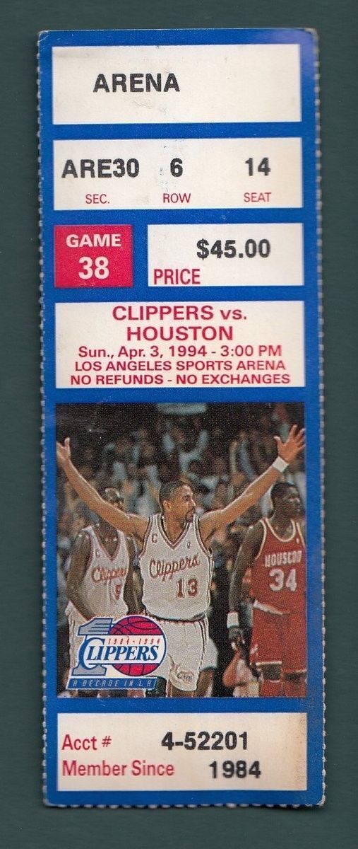 LA Clippers vs Houston Rockets Ticket Stub Olajuwon-39 Wilkins-36 128461