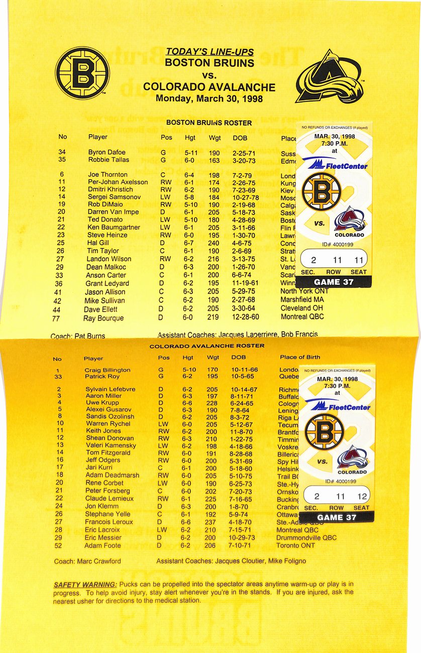 March 30th, 1998 Boston Bruins vs. Avalanche Game Program + Ticket Stub 181770