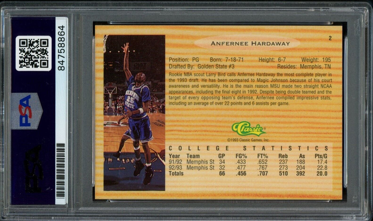 1993 Classic Draft Picks Anfernee Hardaway #2 Card Signed Memphis State PSA/DNA